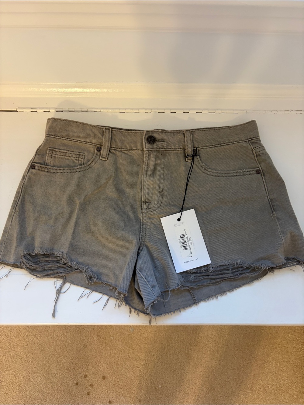 Frayed Hem High-Rise Denim Shorts in Taupe